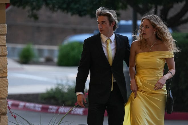 Junior students Jack Orsat and Ashley O'Banion arrive at the Round Rock High School Prom at the Sheraton Austin and Georgetown hotel on Saturday, April 27, 2024 in Georgetown, Texas.